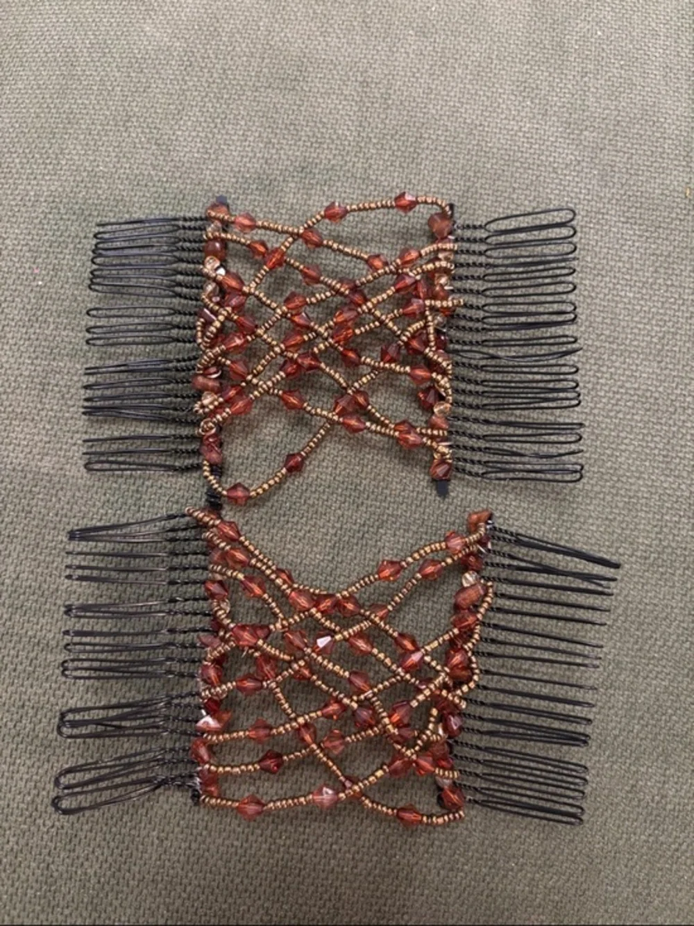 2 Beaded Brown Adjustable Hair Comb Pair - Women Accessories